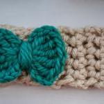Teal And Cream Bow Crochet Earwarmer