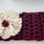 Burgundy And Cream Flower Crochet Earwarmer