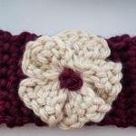 Burgundy And Cream Flower Crochet Earwarmer