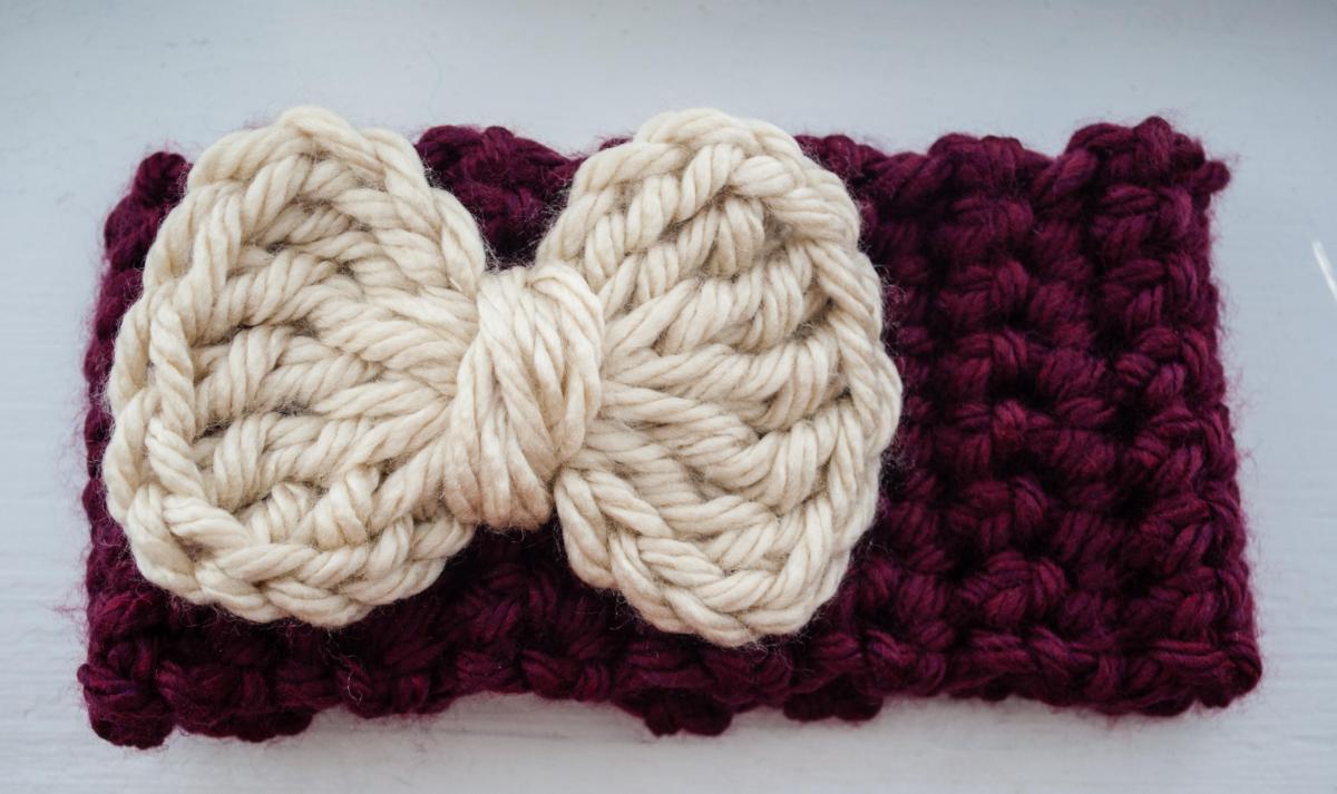 Burgundy And Cream Bow Crochet Earwarmer